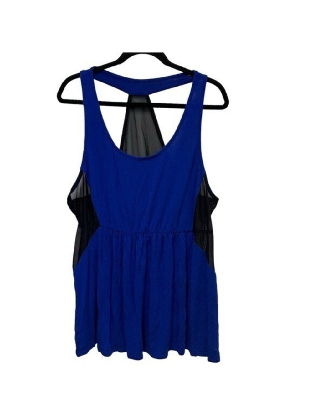 Cacique Lane Bryant 18/20 Blue Black Mesh Panel Tank Top Sheer Racerback Flowy